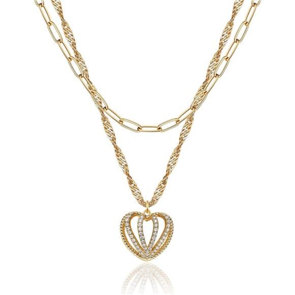 Layered Heart Necklace Pendant Handmade 18k Gold Plated Dainty Gold Choker - Picture 1 of 6